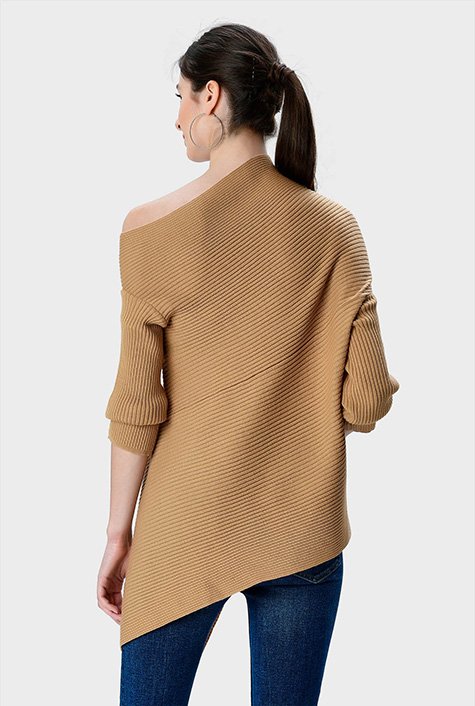 One-shoulder ribbed merino wool blend asymmetric sweater