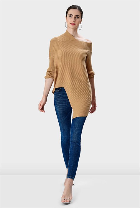 One-shoulder ribbed merino wool blend asymmetric sweater