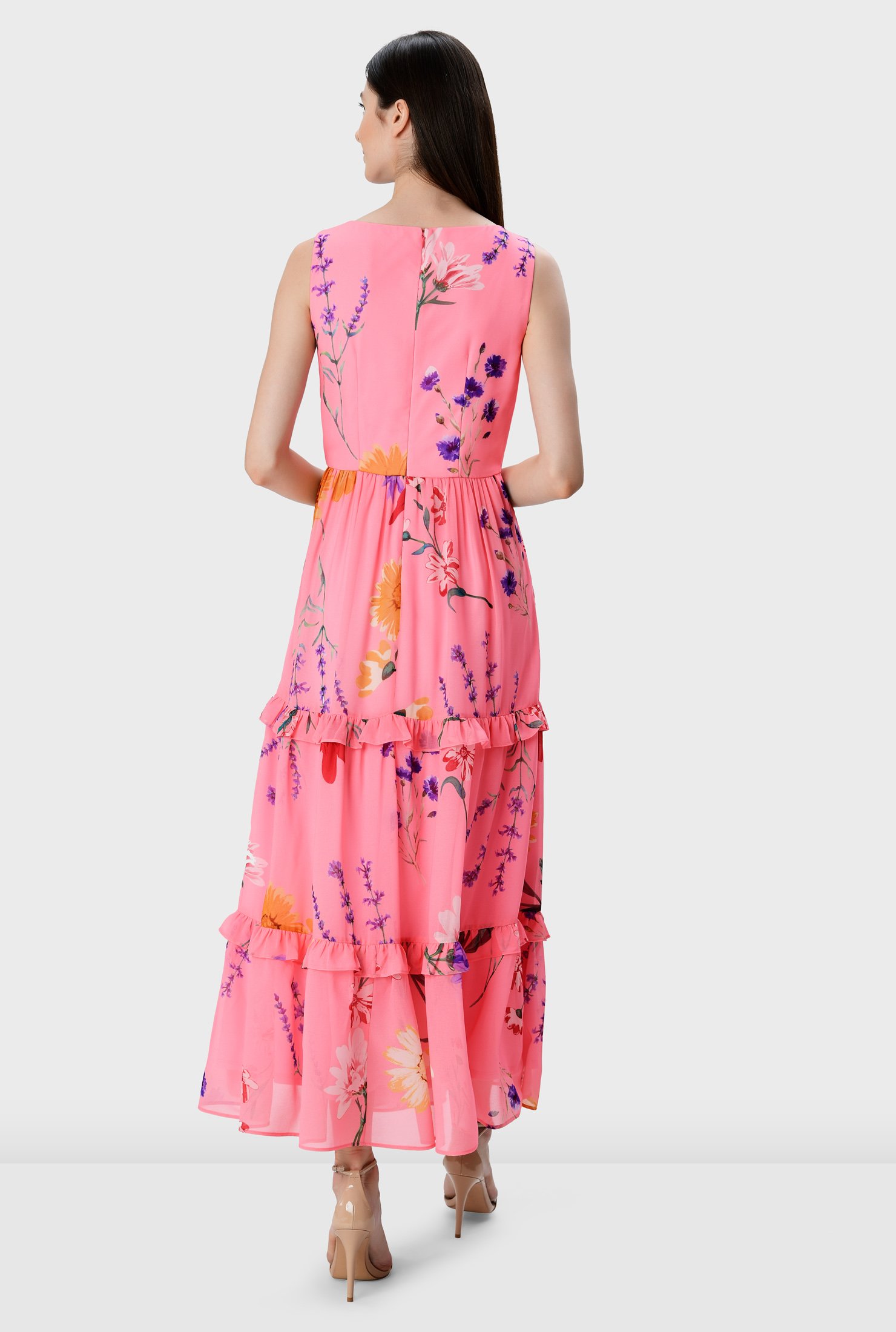 Shop Floral print georgette ruffle frill trim tier dress | eShakti