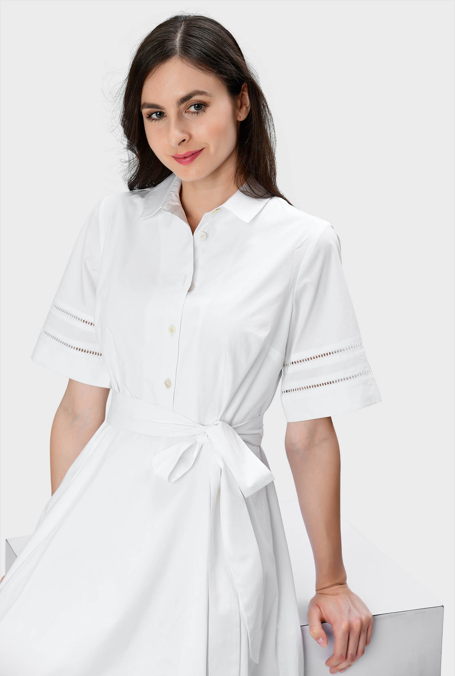 Shop Lattice trim cotton poplin shirtdress | eShakti