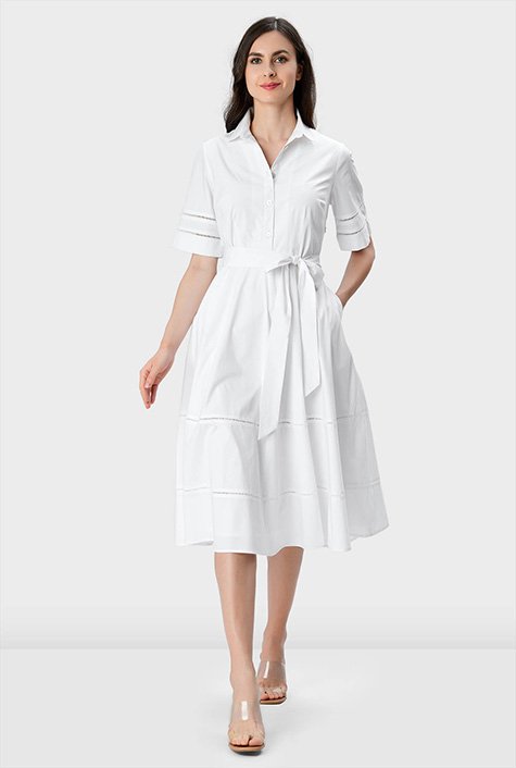 Lattice trim cotton poplin shirtdress