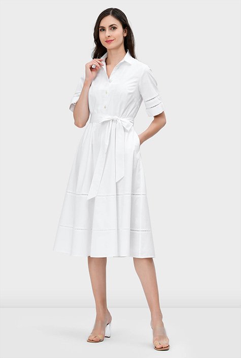 Lattice trim cotton poplin shirtdress