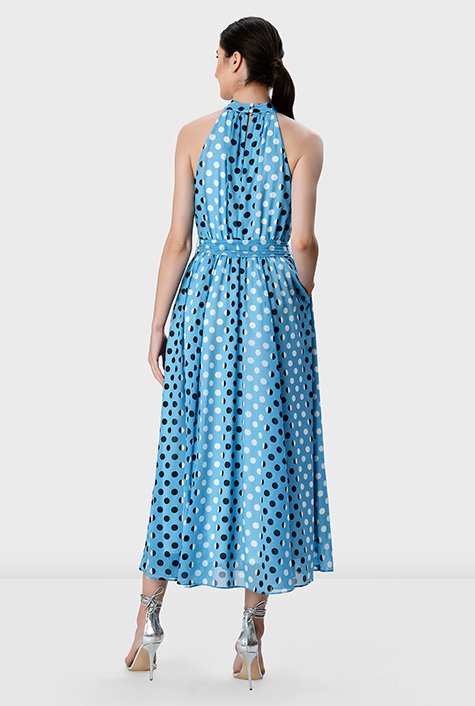 Shop Ruched polka dot print georgette halter dress | eShakti