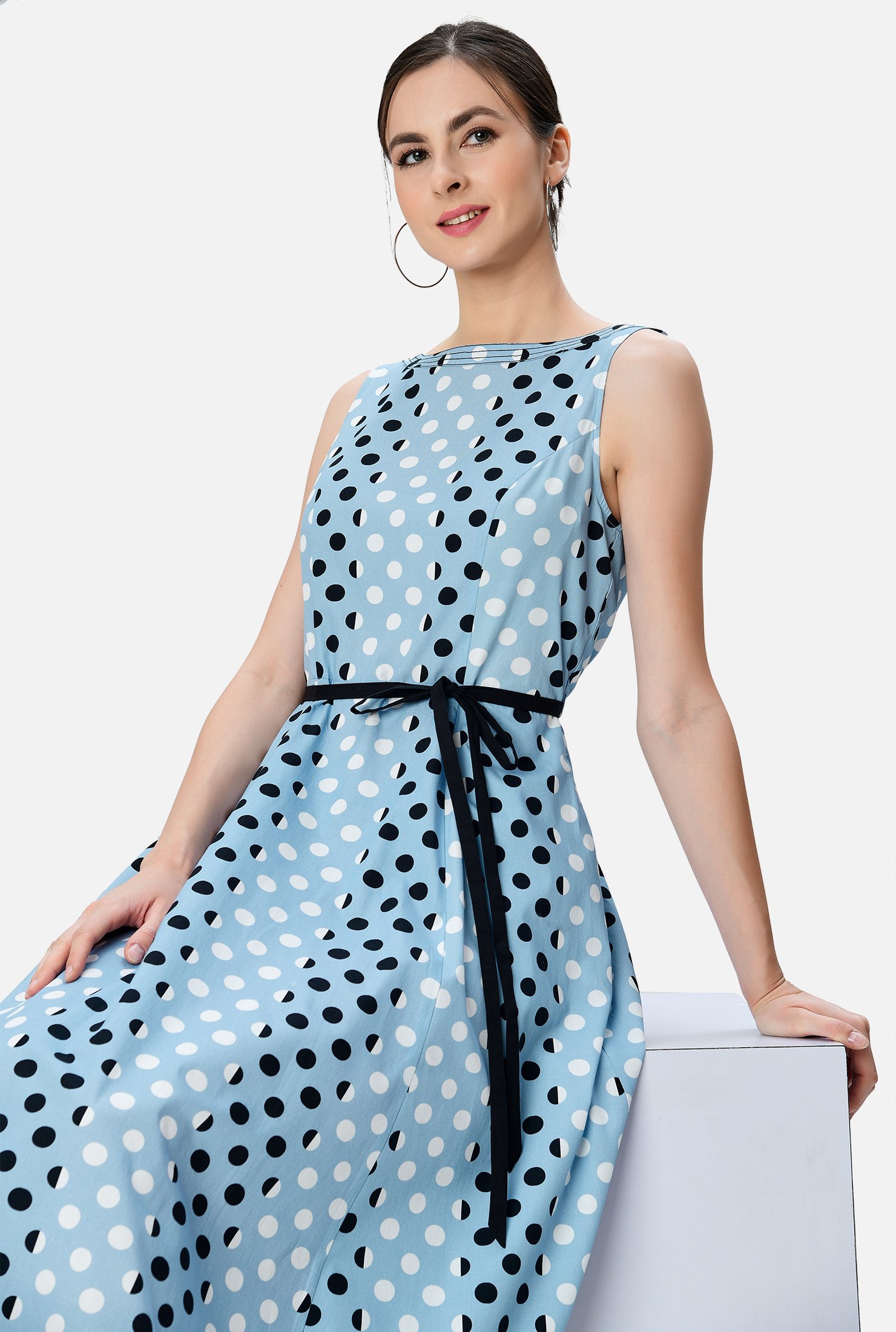 Shop Trapunto trim polka dot print cotton A-line dress | eShakti
