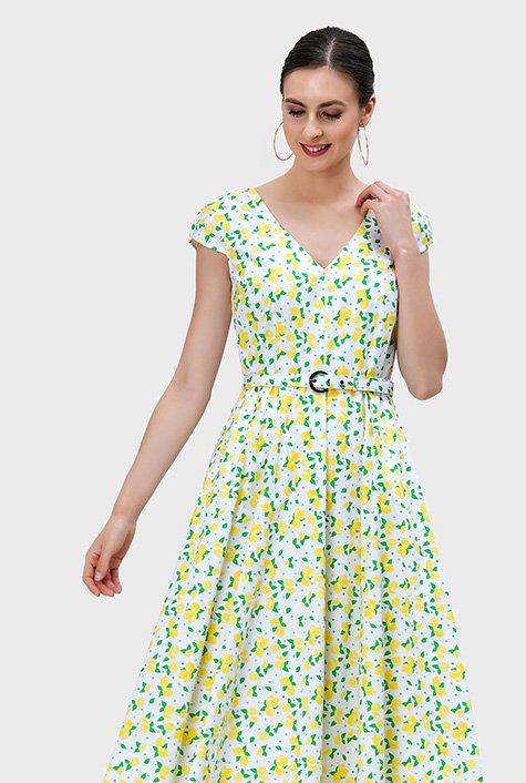 Shop Lemon print cotton fit-and-flare dress | eShakti