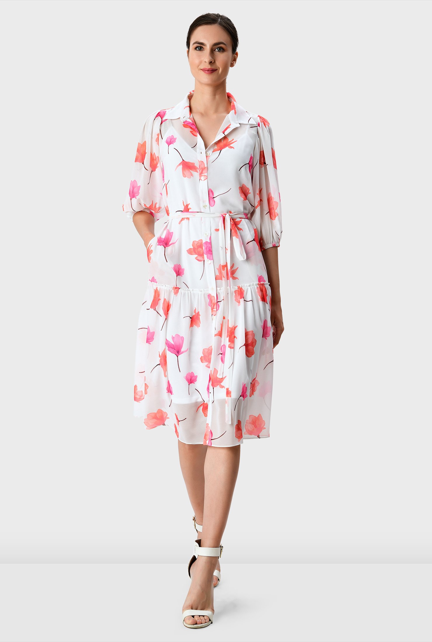 A visual delight, our sheer floral print georgette shirtdress features a drop waist with ruffle frill trim and a breezy flared hem that makes it so much fun to put on.