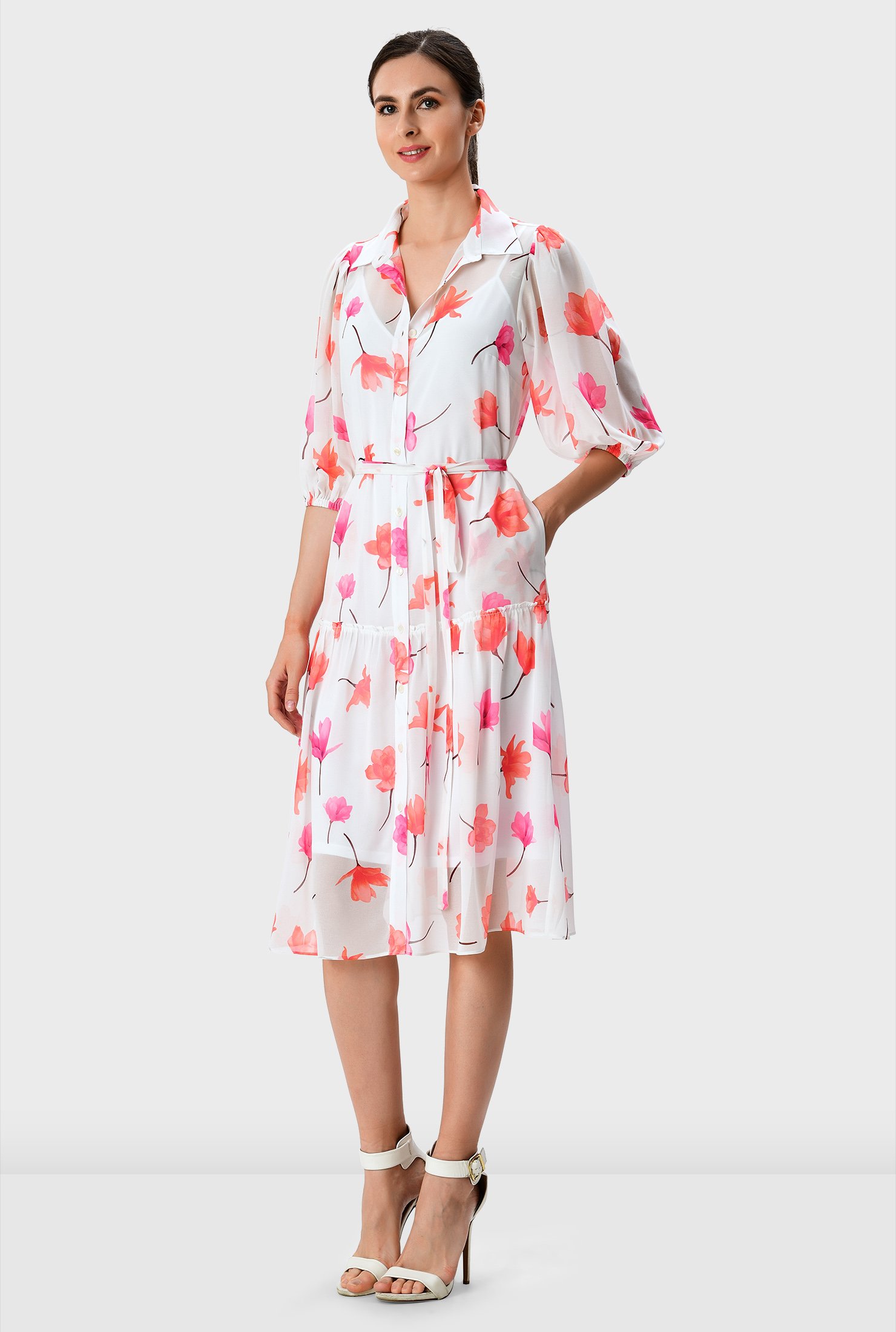 A visual delight, our sheer floral print georgette shirtdress features a drop waist with ruffle frill trim and a breezy flared hem that makes it so much fun to put on.