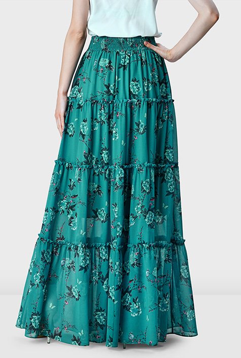 Shop Floral bird print georgette tiered skirt | eShakti