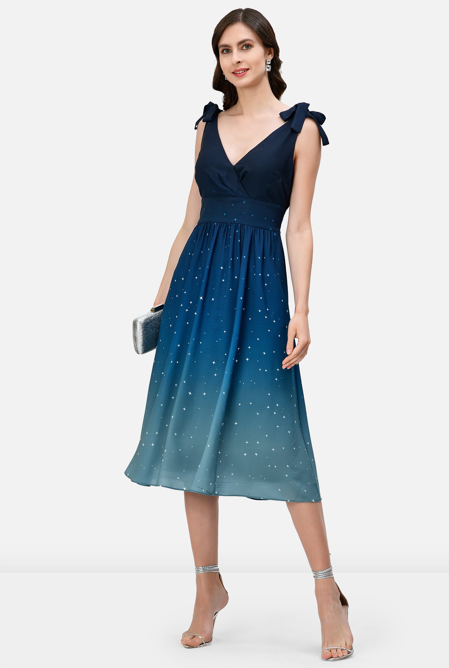 Ombre star print crepe shoulder tie dress