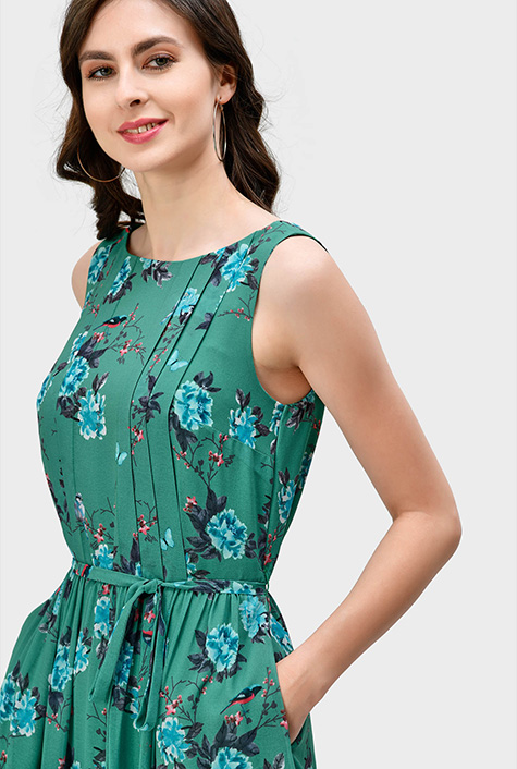 Shop Pleat front floral bird print georgette maxi dress eShakti