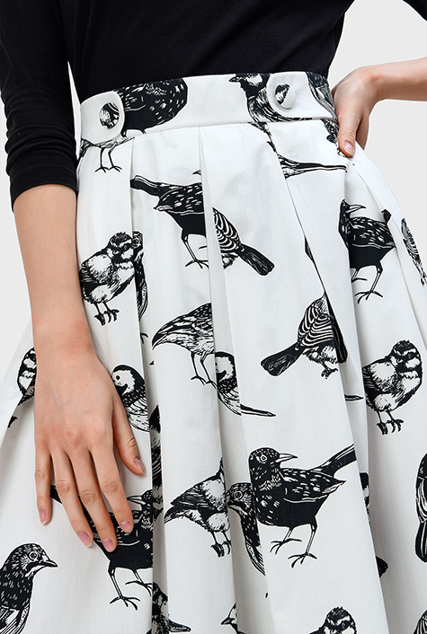 Shop Bird print cotton poplin pleated skirt | eShakti