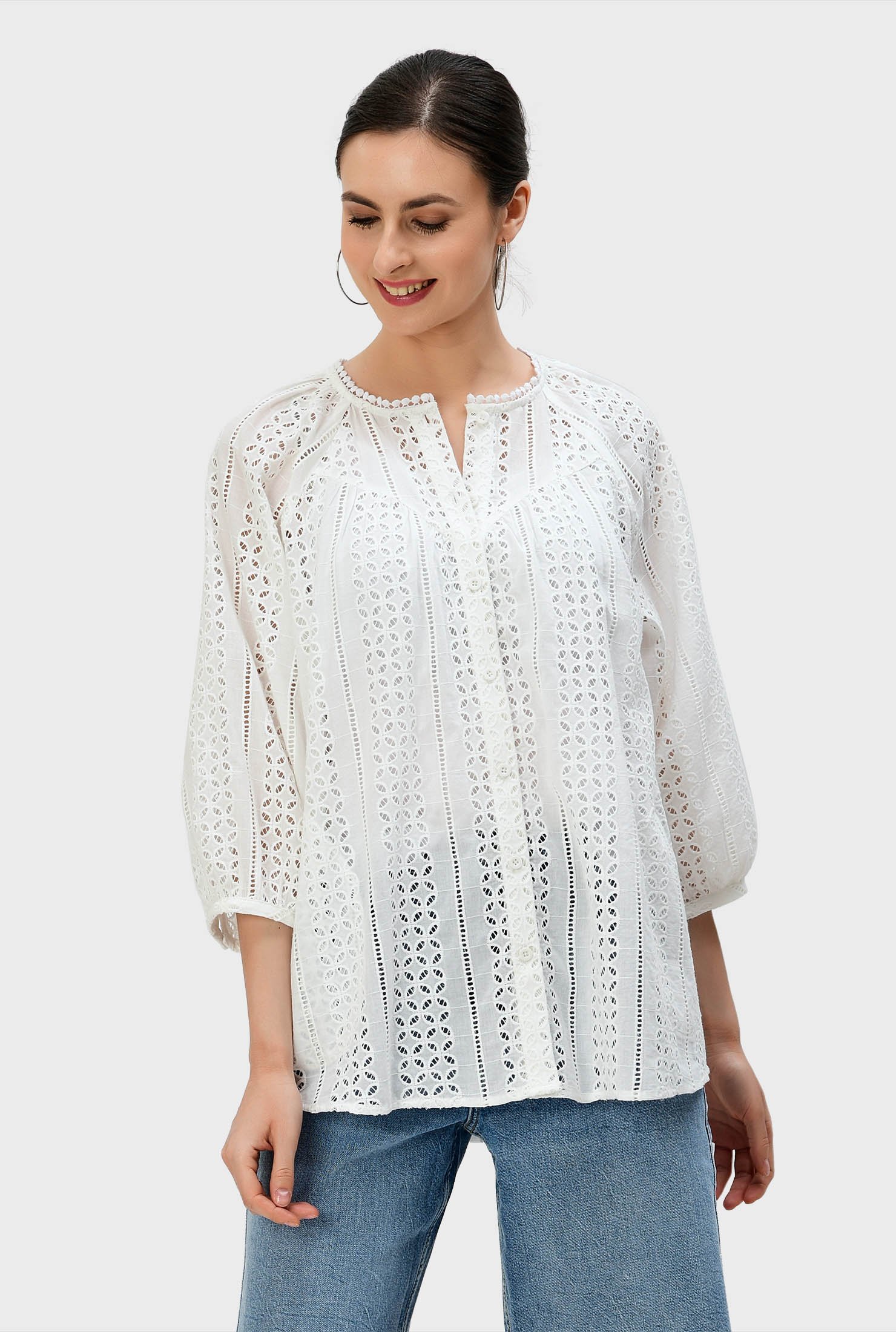 Shop Lace trim cotton eyelet shirt | eShakti