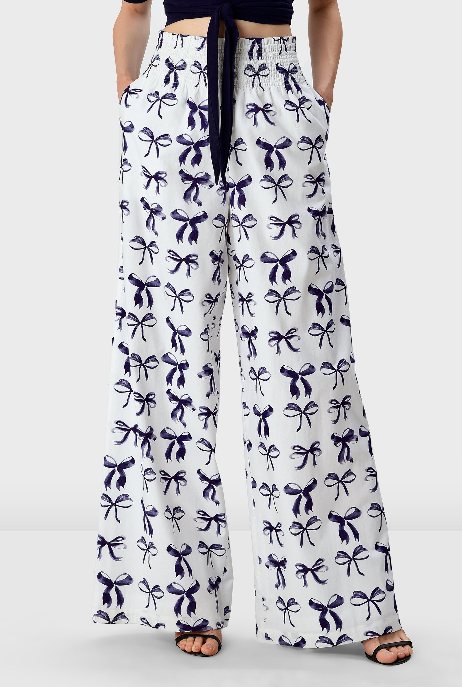 Smocked waist bow-tie print cotton poplin palazzo pants