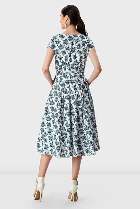 Shop Rose print cotton poplin release pleat dress | eShakti