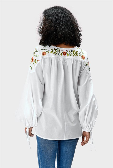 Ribbon tie floral embroidery Egyptian Giza cotton voile top