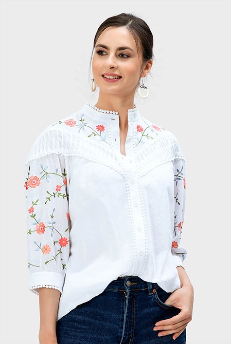 Shop Lace trim floral vine embroidery cotton voile shirt | eShakti