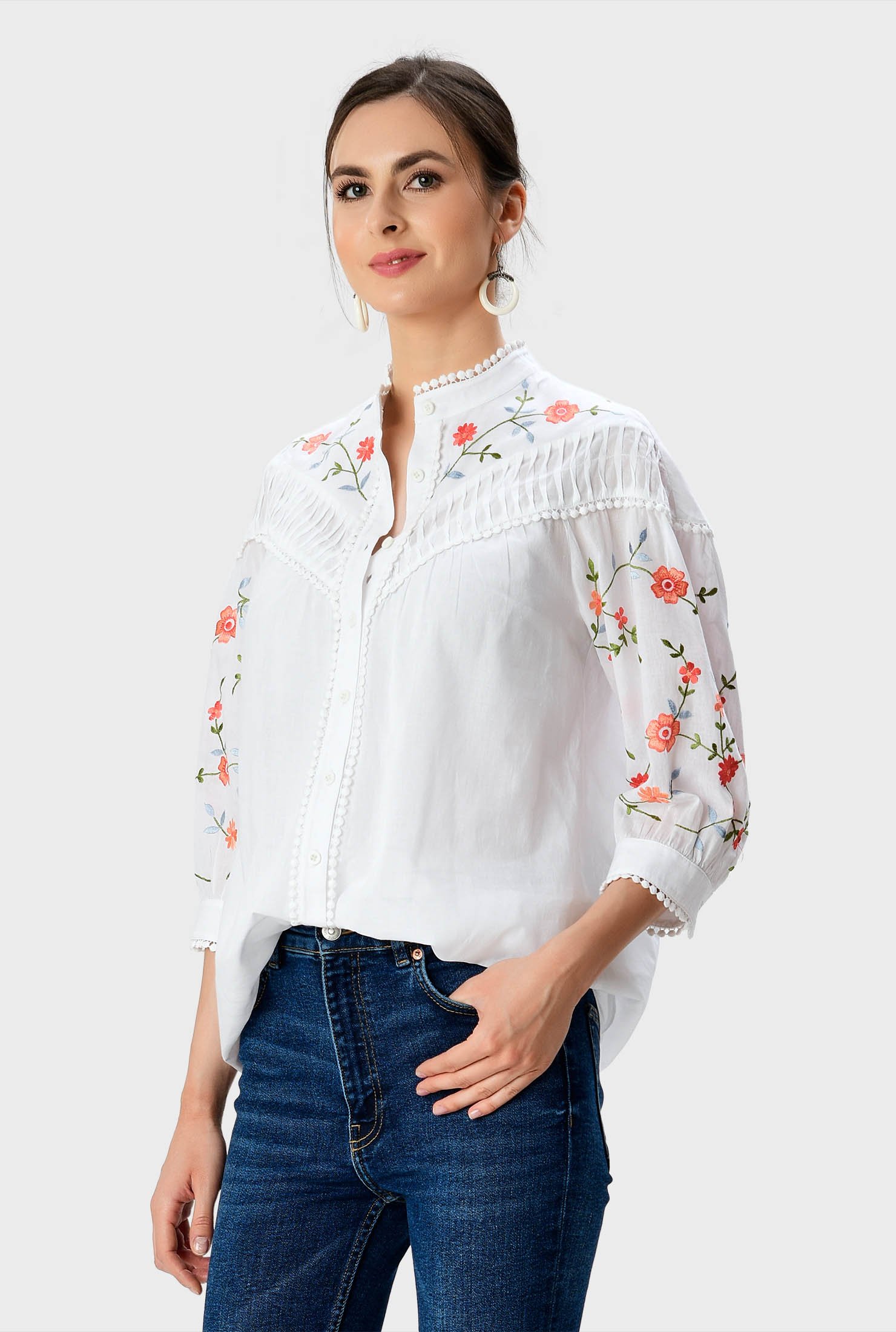 Shop Lace trim floral vine embroidery cotton voile shirt | eShakti