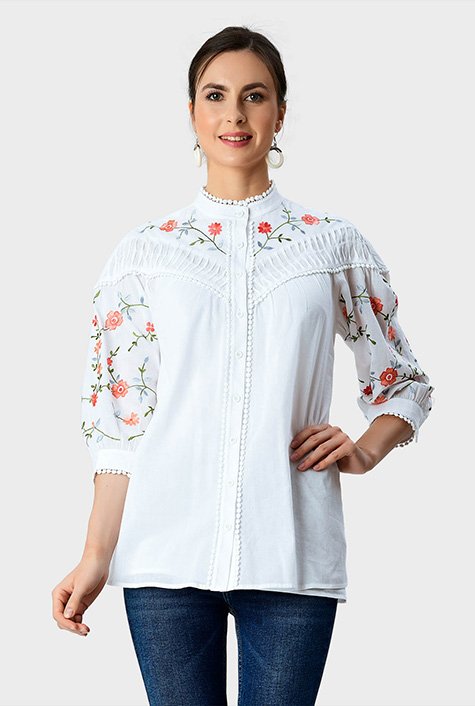 Shop Lace trim floral vine embroidery cotton voile shirt | eShakti