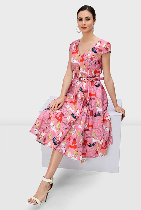 Shop Pet-perfect print cotton poplin dress fit-and-flare eShakti 