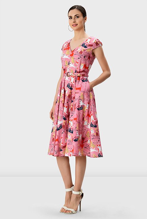 cotton print dress poplin eShakti fit-and-flare | Shop Pet-perfect