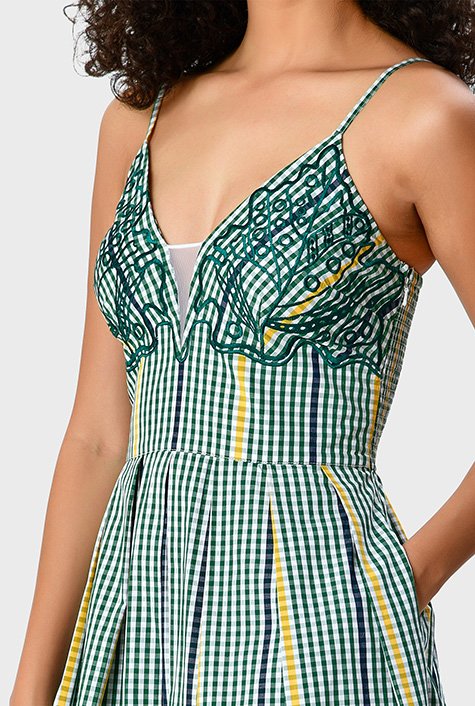 Plunge graphic embroidery gingham check cotton dress