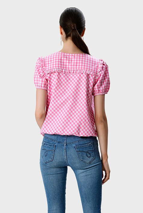 Shop Ruffle frill gingham check cotton elastic hem top | eShakti