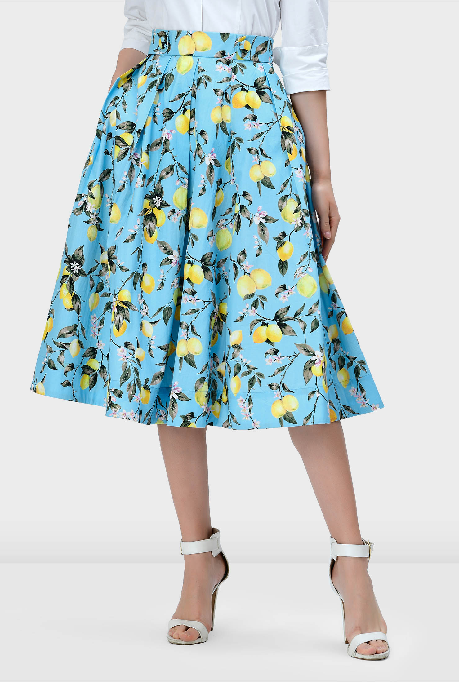 Shop Lemon print cotton poplin pleated skirt | eShakti