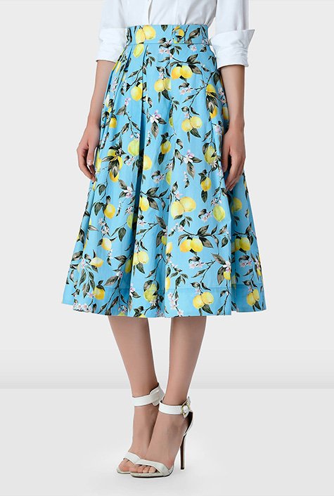 Shop Lemon print cotton poplin pleated skirt | eShakti