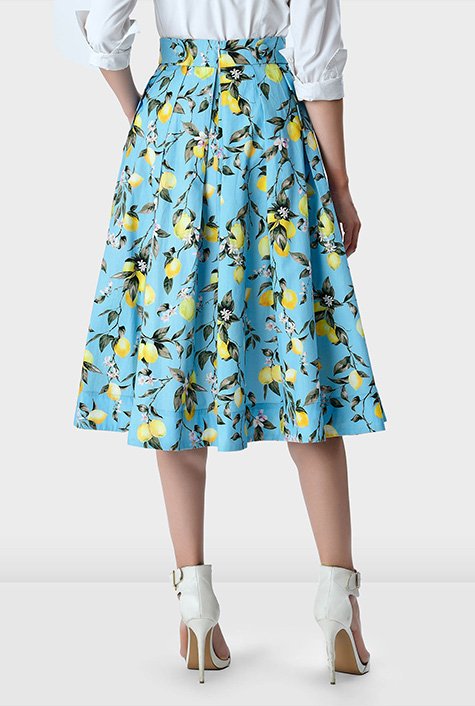 Shop Lemon print cotton poplin pleated skirt | eShakti