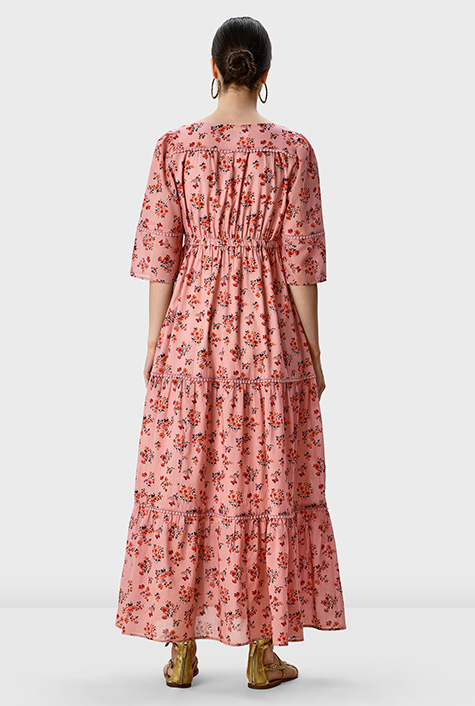 Shop Floral print cotton voile lace trim tiered dress | eShakti