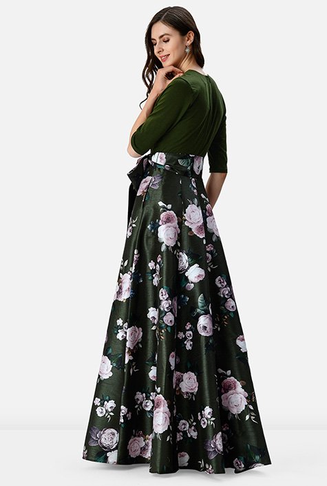 Shop Floral print dupioni and cotton jersey maxi dress | eShakti