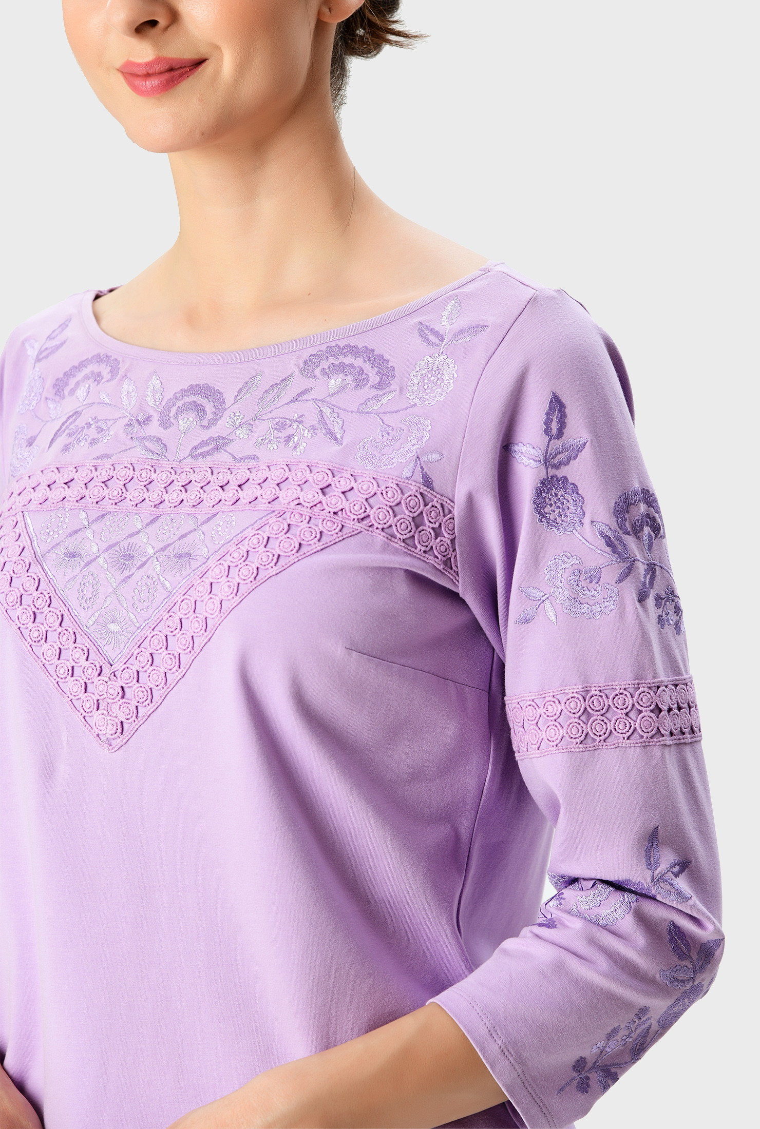 Shop Lace trim floral embroidery cotton jersey top eShakti