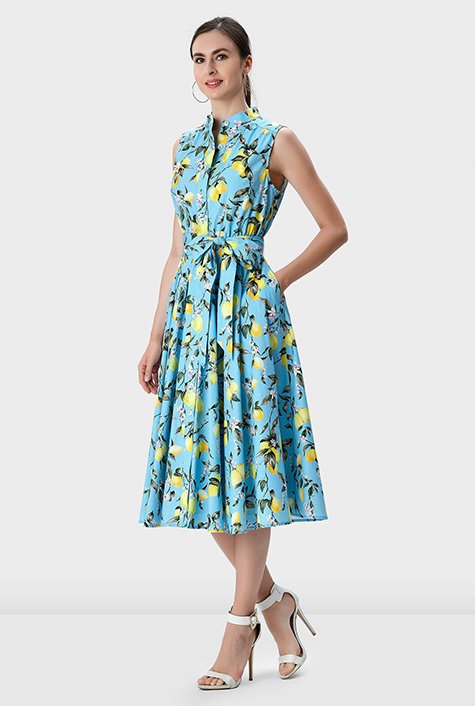 Ruched lemon print cotton poplin shirtdress