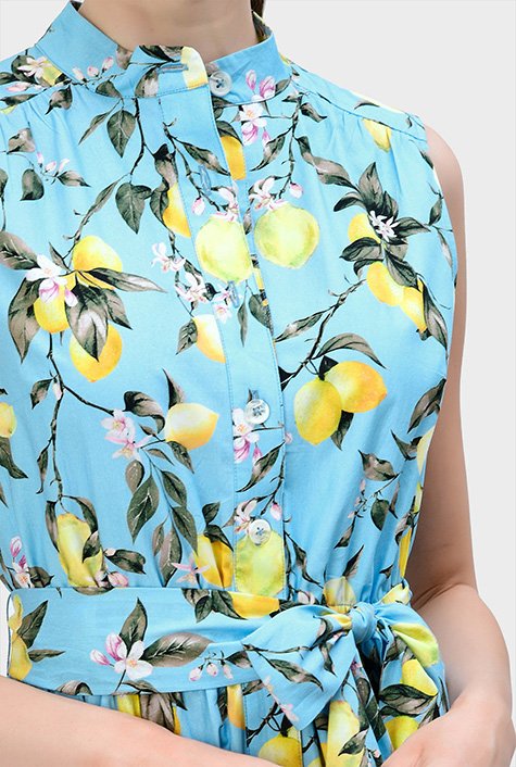 Shop Ruched lemon print cotton poplin shirtdress | eShakti