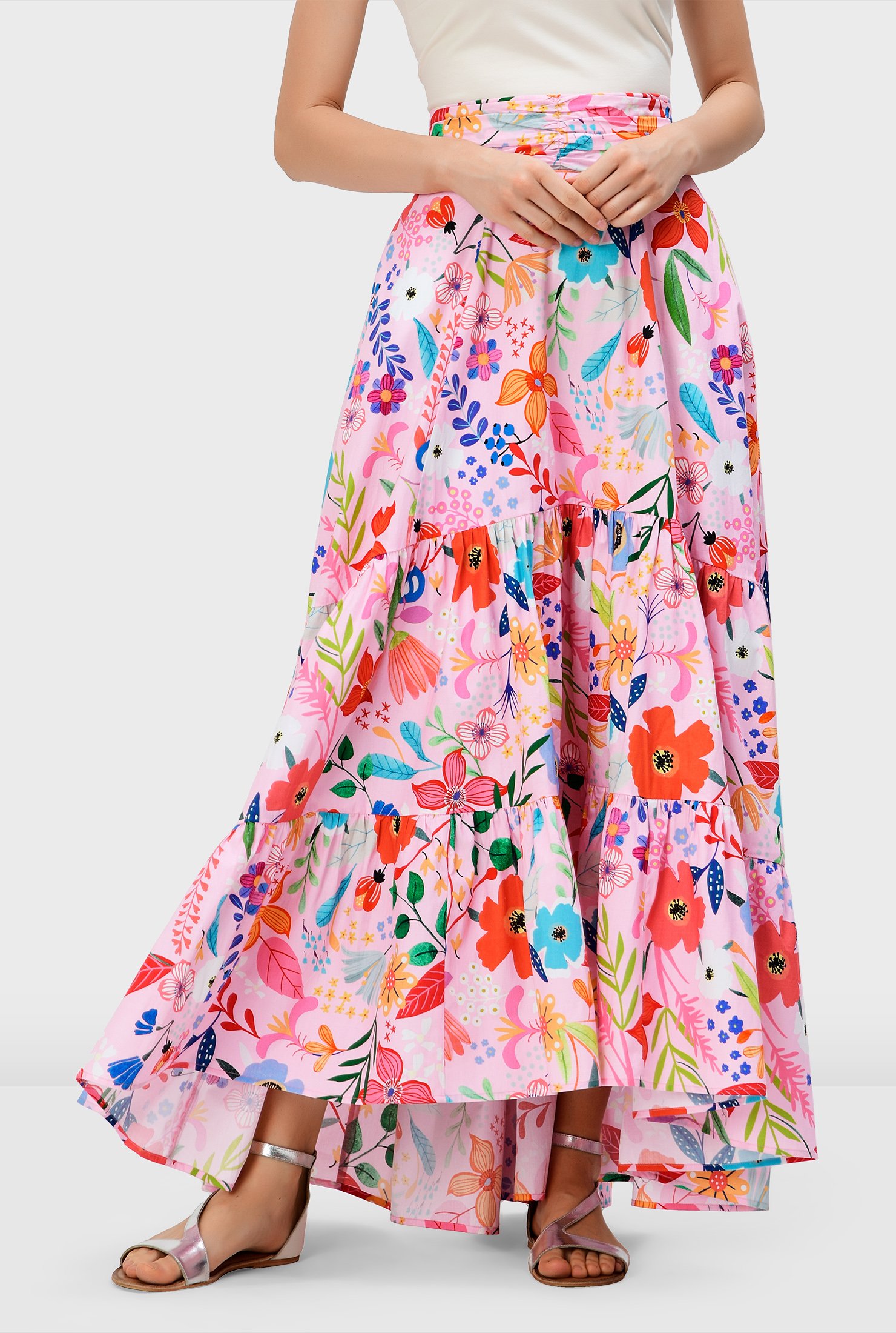 Shop Floral print cotton poplin high-low skirt | eShakti