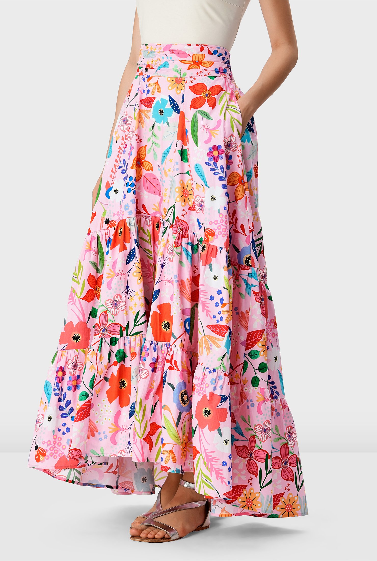 Shop Floral print cotton poplin high-low skirt | eShakti