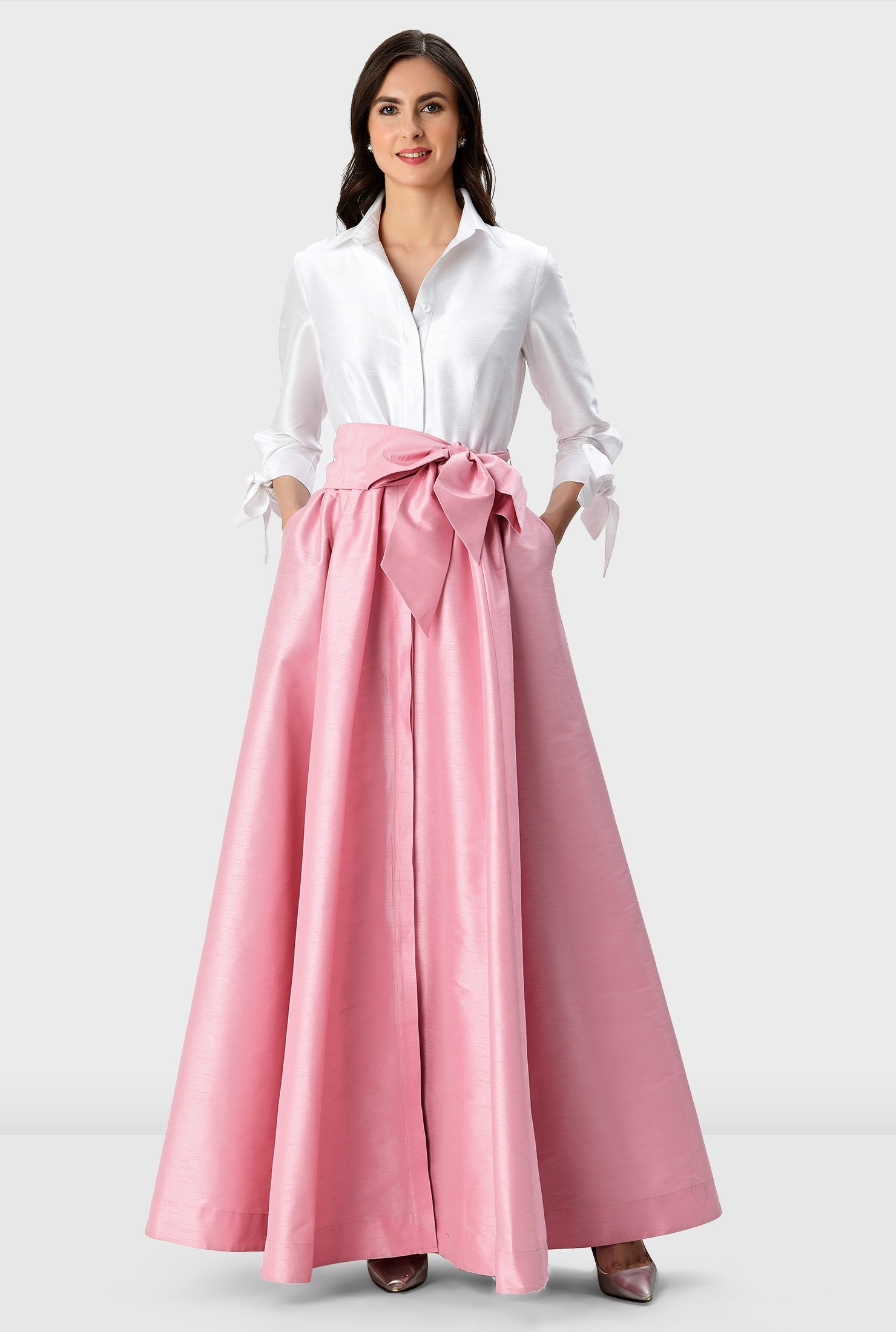 Shop Colorblock dupioni sash-tie maxi shirtdress | eShakti