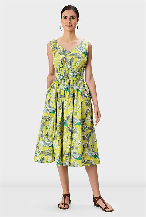 Shop Leaf print cotton poplin smocked waist dress | eShakti