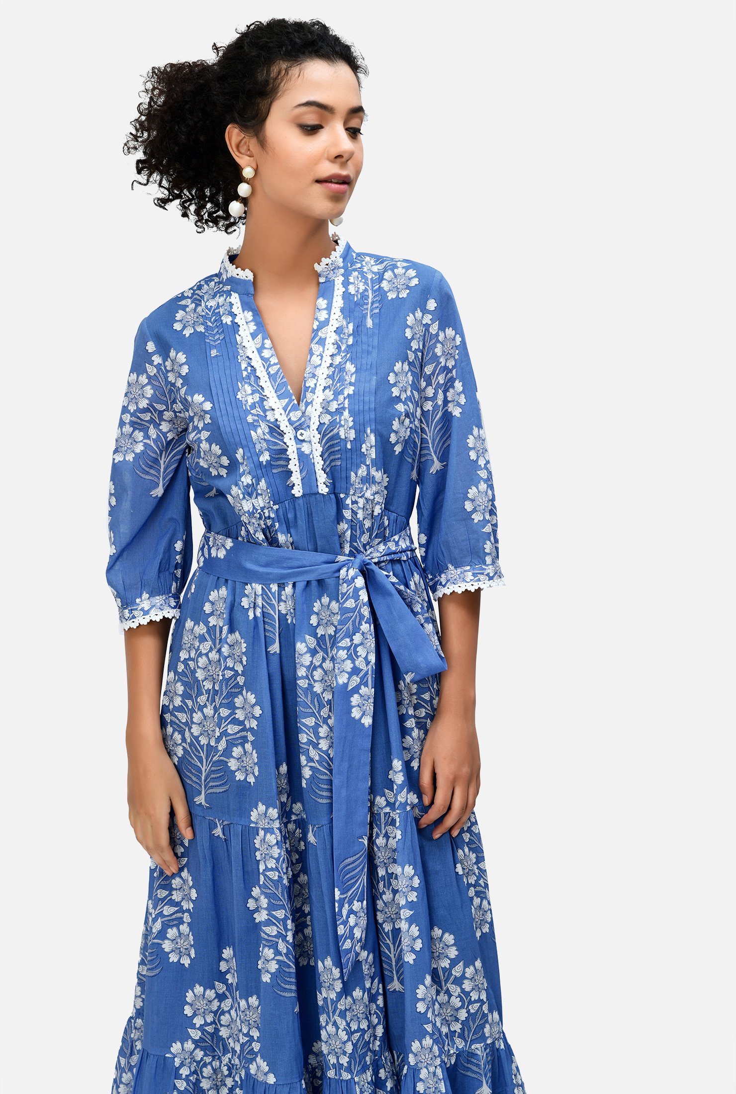 Shop Pintuck pleat floral print cotton voile tiered dress | eShakti