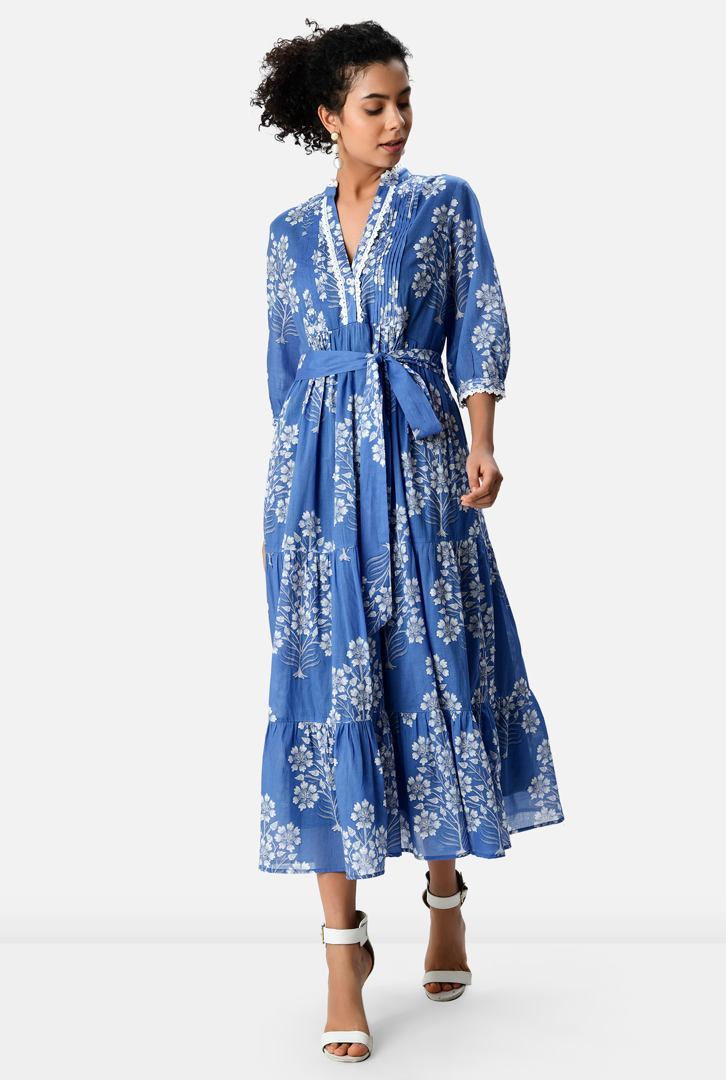 Tie shoulder cotton voile tiered dress Clearance