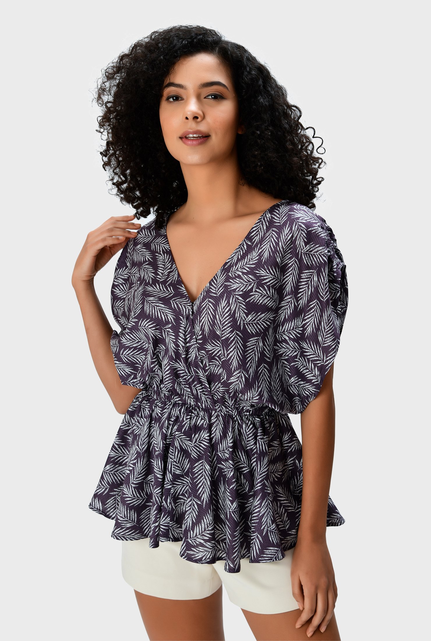 Shop Dolman sleeve leaf print peplum blouse | eShakti