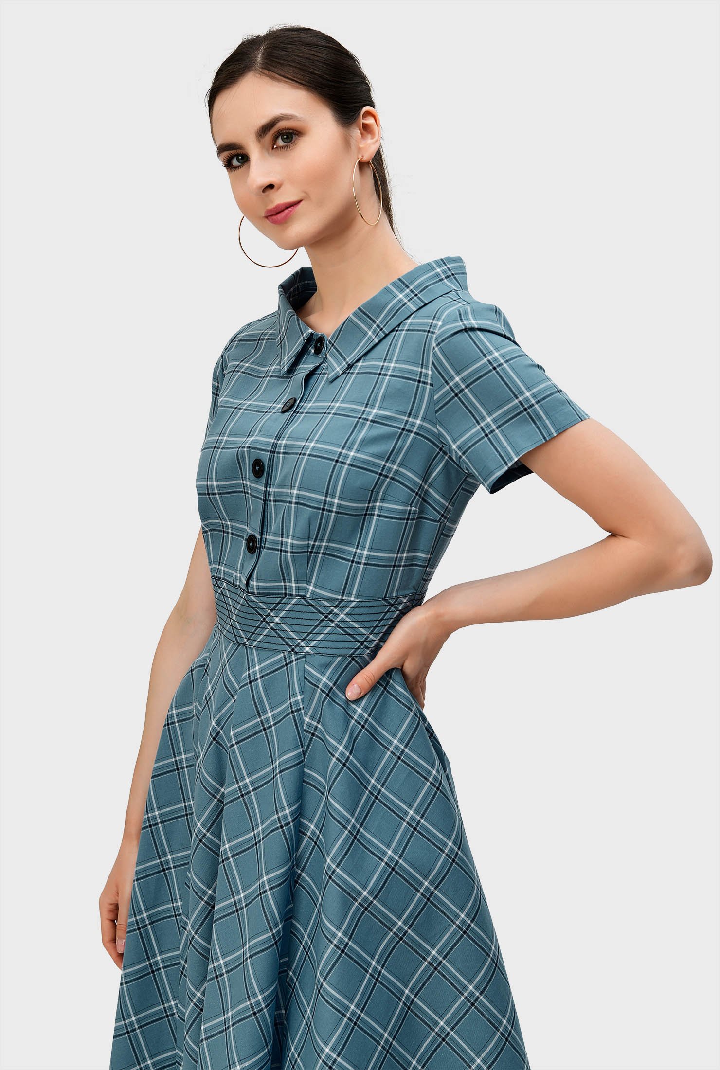 Shop Wide collar cotton check shirtdress | eShakti