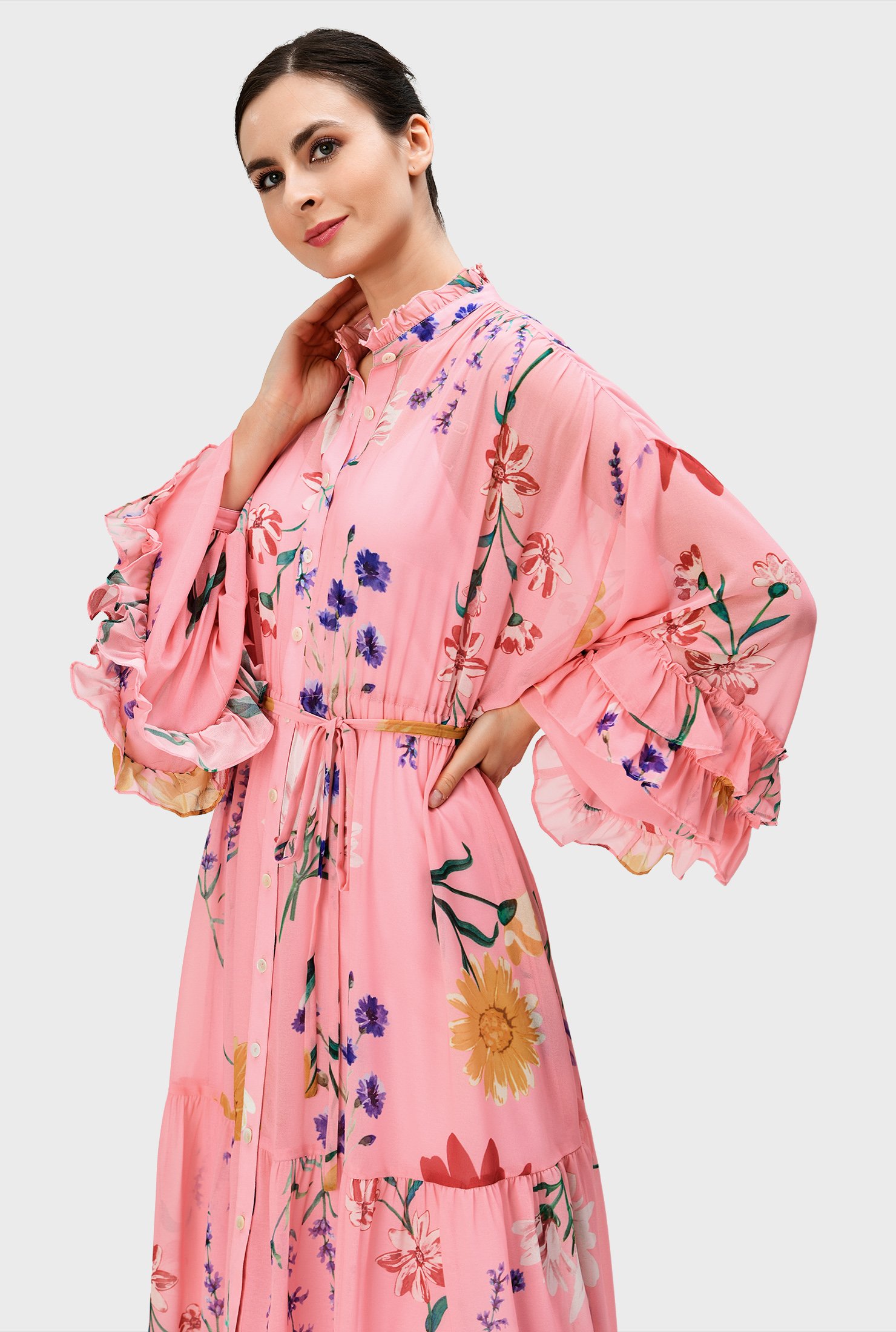 Shop Ruffle flounce floral print georgette shirtdress | eShakti