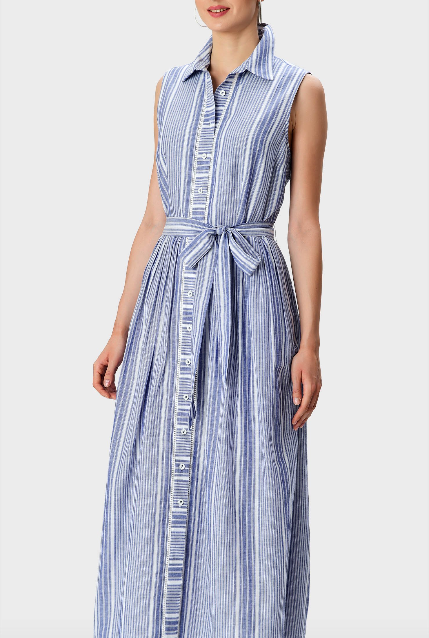 Shop Lattice trim stripe cotton voile belted shirtdress | eShakti