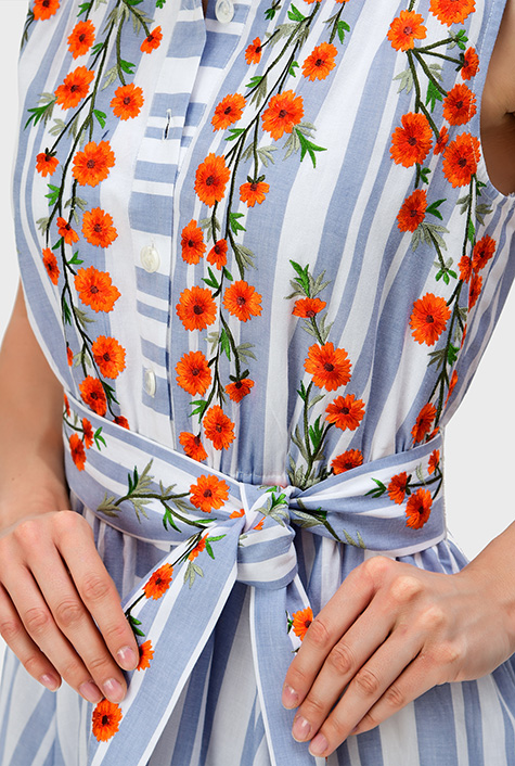 Shop Floral embroidery cotton stripe shirtdress | eShakti