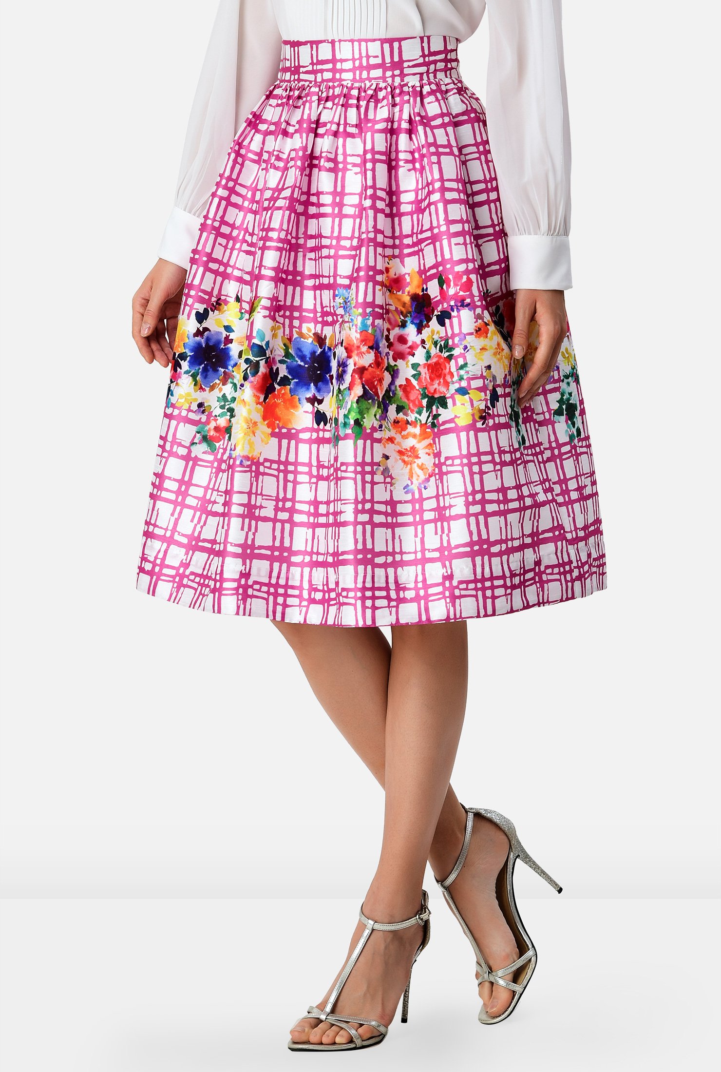 Watercolor florals pop up in vibrant hues on our check print poly-dupioni skirt styled with a banded waist and ruched pleating for a full flare.