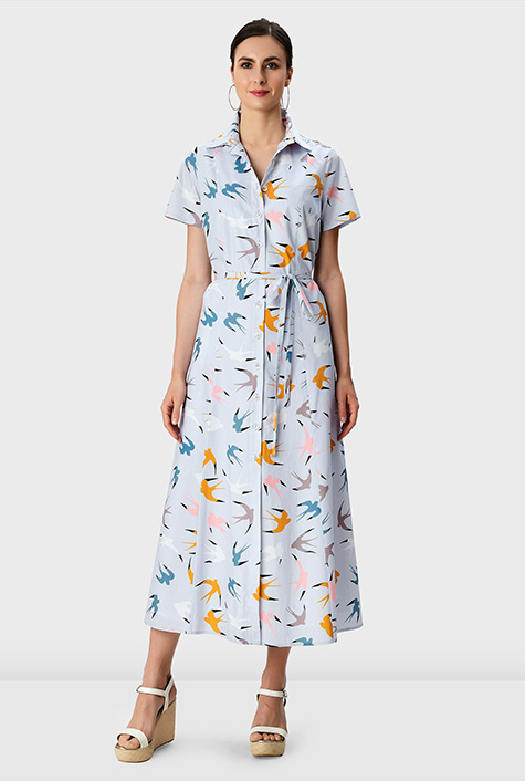 Shop Bird print cotton poplin A-line shirtdress eShakti