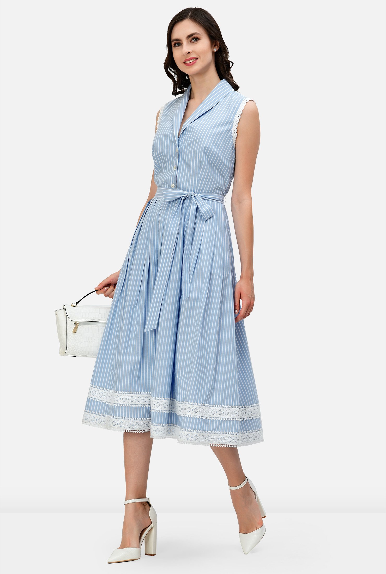 Lace trim stripe cotton shirtdress