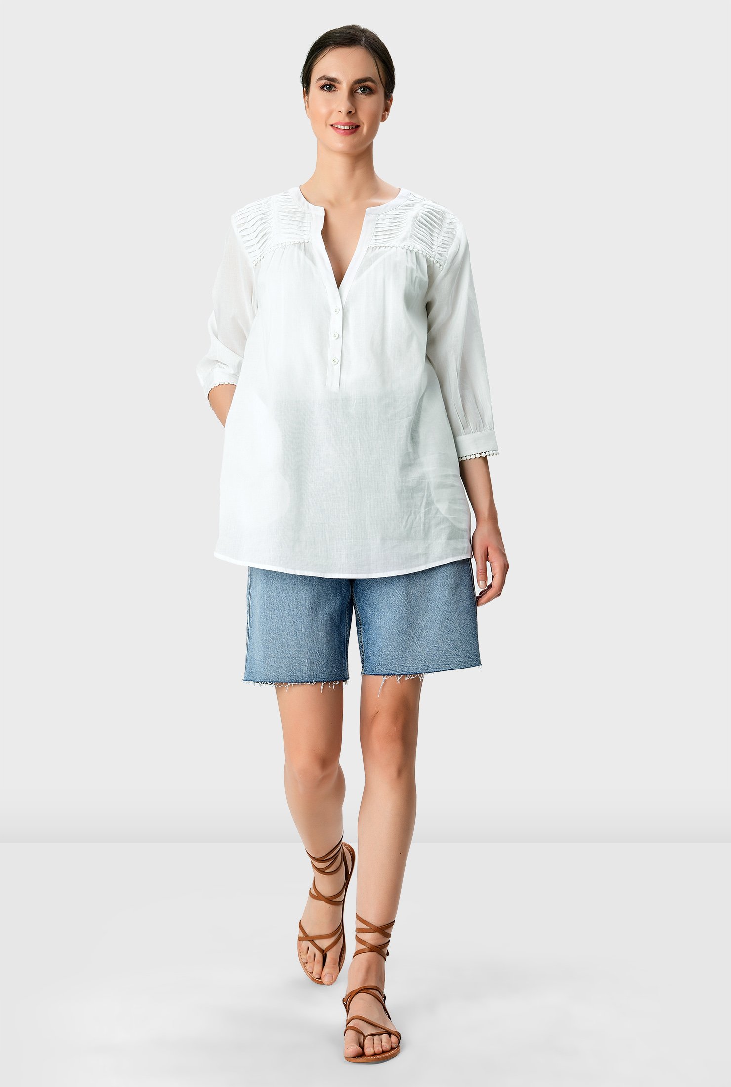 Shop Lace trim pintuck pleat cotton voile shirt | eShakti