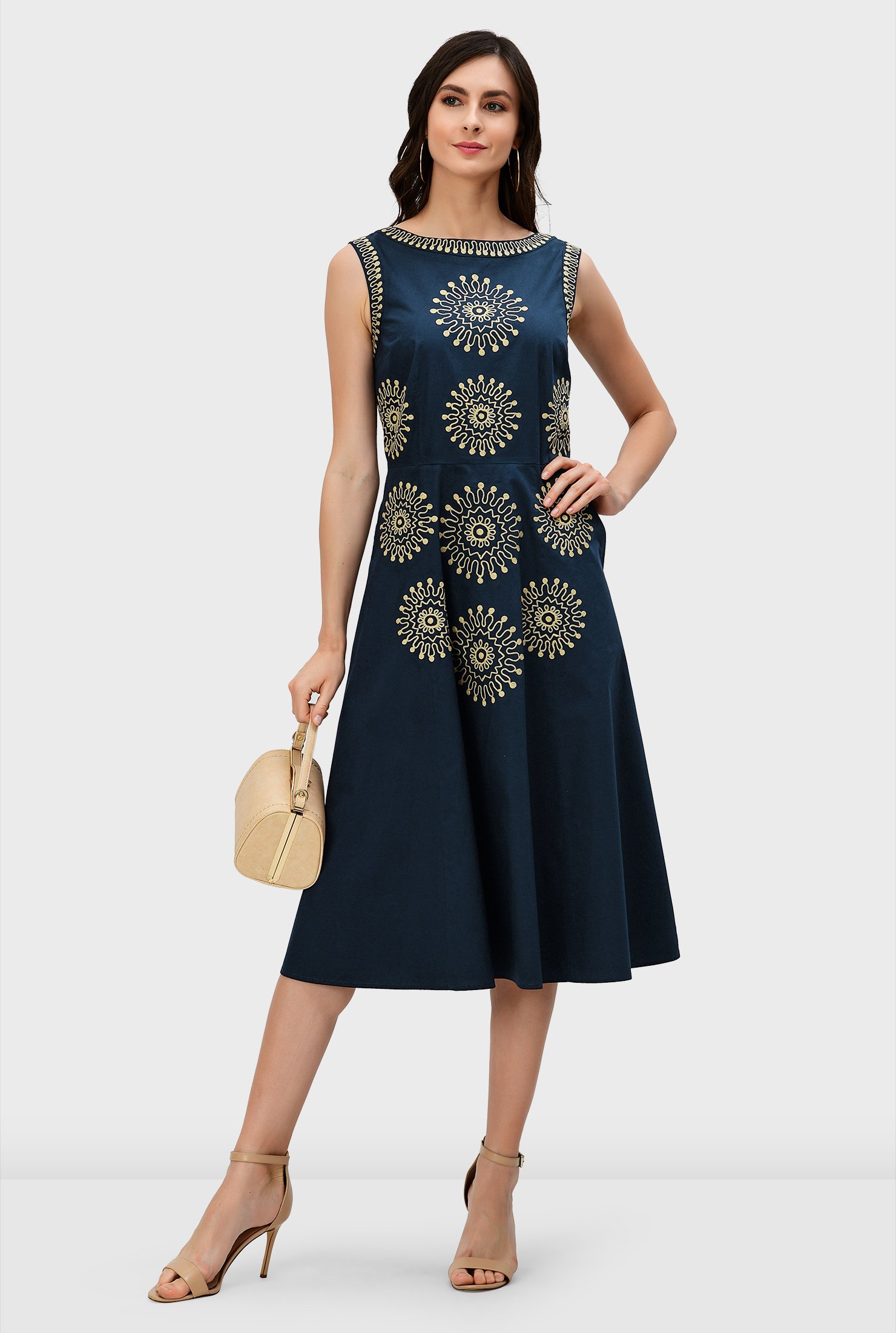 Shop Graphic floral embroidery cotton poplin dress | eShakti